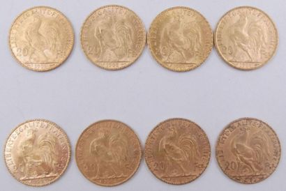 null 8 pièces de 20 Francs Or au Coq.
1902, 1903, 1904 x 2, 1905 et 1906 x 3.
Poids...