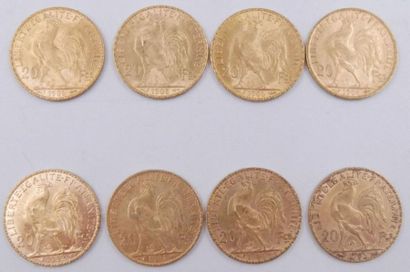 null 8 pièces de 20 Francs Or au Coq.
1902, 1903, 1904 x 2, 1905 et 1906 x 3.
Poids...