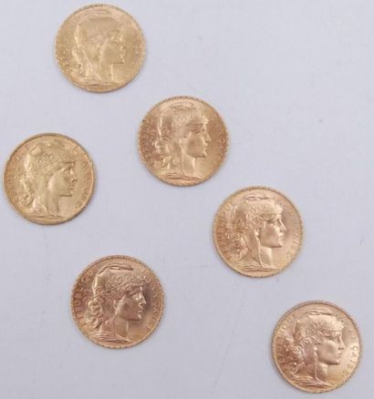 null 6 pièces de 20 Francs Or au Coq.
1909.
Poids total : 38,78grs.

Estimation et...