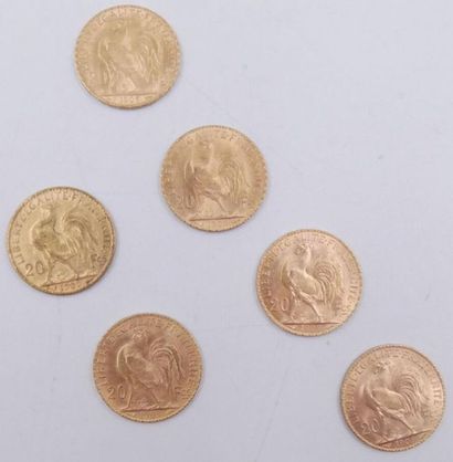 null 6 pièces de 20 Francs Or au Coq.
1909.
Poids total : 38,78grs.

Estimation et...