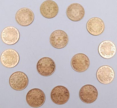 null 15 pièces de 20 Francs Or Suisse.
1909, 1912, 1922 et 1927 x 12
Poids total...