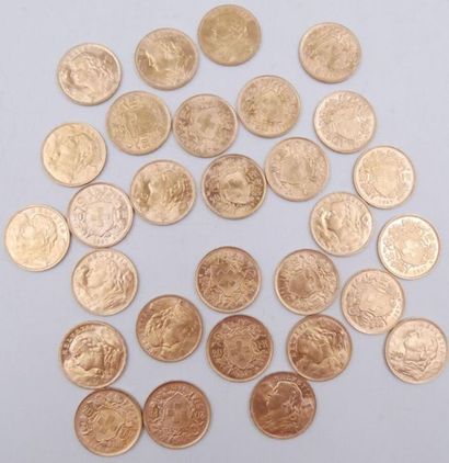 null 29 pièces de 20 Francs Or Suisse.
1947.
Poids total : 187,26grs.

Estimation...