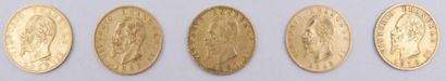 null 5 pièces de 20 Lire Or. Vittore Emanuele II. Italie.
1862 x 2, 1863, 1865 et...