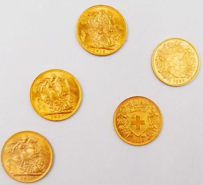 null 5 Monnaies Or. Suisse et Grande-Bretagne. 
2 pièces de 20 Francs Suisse Or 1935....