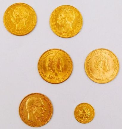 null 6 Monnaies Or. Europe et Mexique.
2 pièces de 20 Lires Or, Umberto I 1882. Poids...