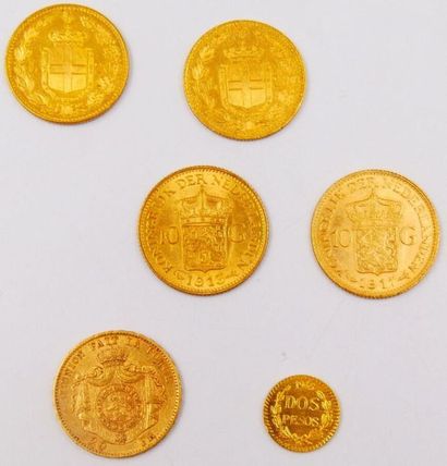 null 6 Monnaies Or. Europe et Mexique.
2 pièces de 20 Lires Or, Umberto I 1882. Poids...