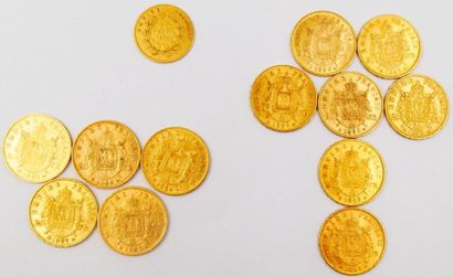 null 13 Monnaies Or. France.
12 pièces de 20 Francs Or, Napoléon III : 1862 BB, 1864...