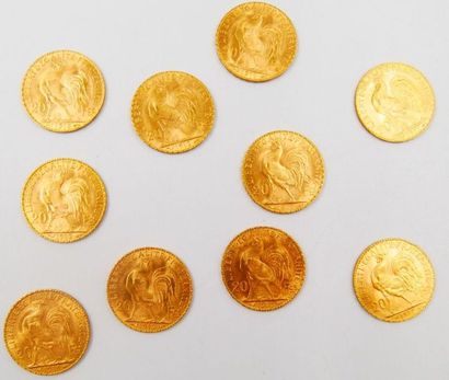 null 10 Monnaies Or. France.
10 pièces de 20 Francs Or au Coq : 1909, 1910, 1911,...