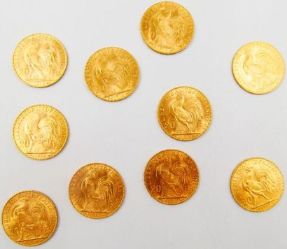 null 10 Monnaies Or. France.
10 pièces de 20 Francs Or au Coq : 1909, 1910, 1911,...