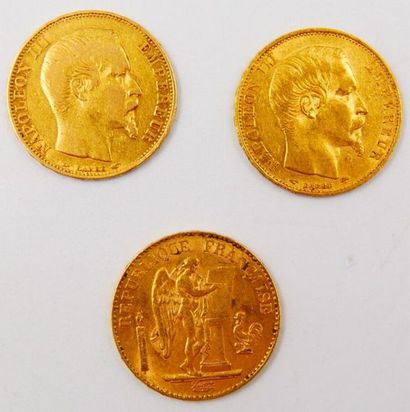 null 3 Monnaies Or. France. 
2 pièces de 20 Francs Or Napoléon III, Tête Nue. 1854...