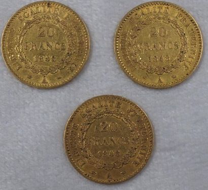 null 3 Pièces de 20 Francs Or, 2ème République, au Génie, 1848.
Poids : 19,27grs.

Estimation...