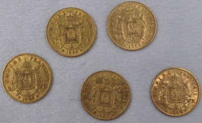 null 5 Pièces de 20 Francs Or, Napoléon III, Tête Laurée.
1864 A, 1866 BB, 1867 BB,...