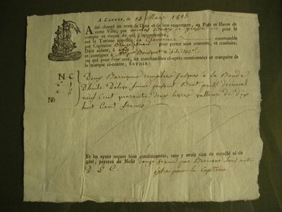 null Document de consignation de marchandise en date du 15 mars 1815 à Cannes concernant...