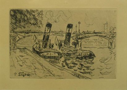 Paul SIGNAC (1863-1935) (d'après) Le Pont des Arts avec remorqueurs. Gravure. 12,5...