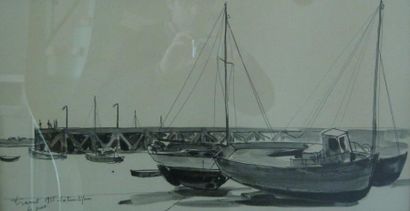 Louis TRAVERT (1919) Port de la Trinité sur mer. Encre et lavis. Cadre.