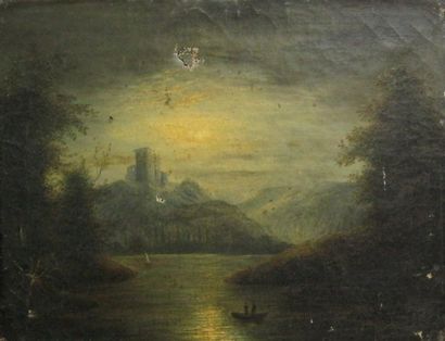 Ecole française du XIXème siècle Lac au clair de lune au pied d'une tour avec deux...