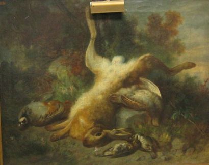 COUDER A (Alexandre ?) (1808-1879) Trophée de chasse au pied d'un arbre, lièvre suspendu...