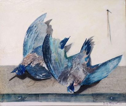null Lily MASSON (1920-2019) :
Nature morte : deux oiseaux bleus, 1979
Collage de...