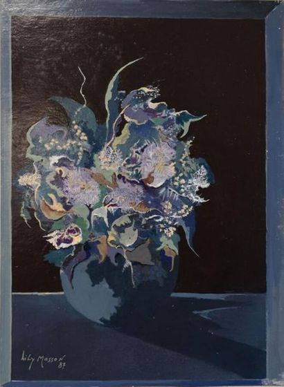 null Lily MASSON (1920-2019) :
Vase et bouquet (harmonie en bleu et vert), 1987
Vinylique...