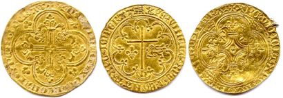 null Lot de trois monnaies médiévales en or (11,26grs les 3) : 
Franc à cheval de...