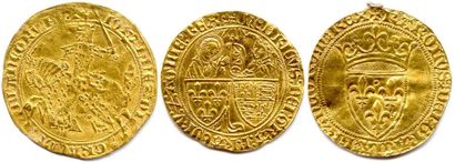 null Lot de trois monnaies médiévales en or (11,26grs les 3) : 
Franc à cheval de...