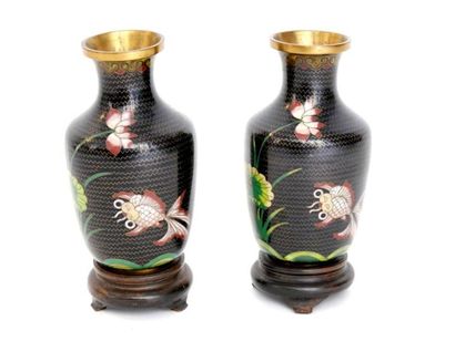 null CHINA: 
Pair of baluster vases in bronze and cloisonné enamel with fish decoration...