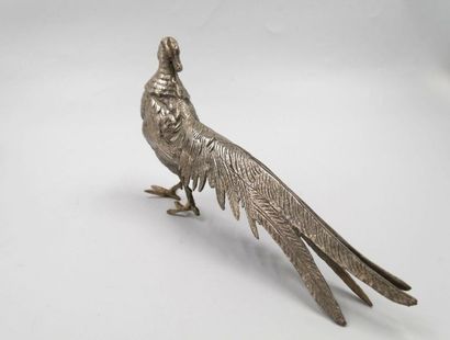 null Pair of silver metal pheasants. 
H.: 13 and 14 cm
L.: 29 cm