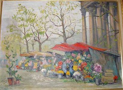 Ch. FORGET "Marché aux fleurs" . Huile sur toile signée en bas à gauche dédicacée....