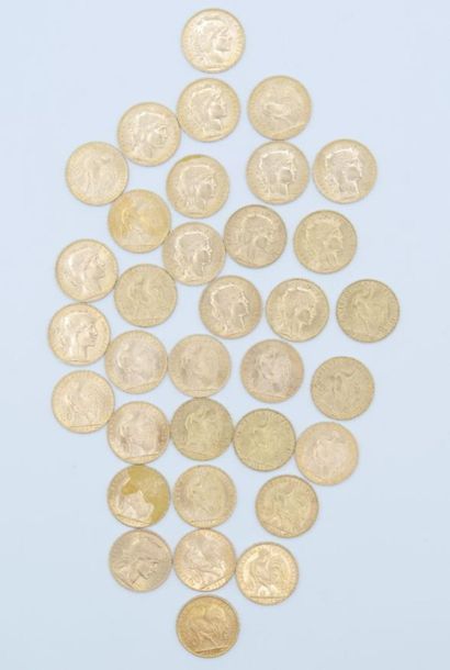 34 coins of 20 francs Gold au Coq: 1904,...