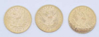 null 3 pièces de 10 dollars Or Liberty : 1882, 1899 et 1894. 

Poids : 50,19 g. 

(usures...
