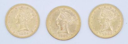 3 Liberty gold 10-dollar coins: 1882, 1899...