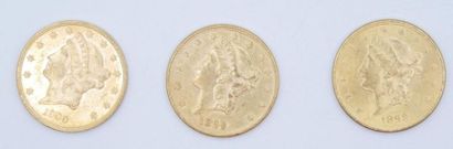 3 pieces of 20 dollars Liberty gold: 1898...
