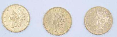 3 Liberty gold 20-dollar coins: 1853, 1875...