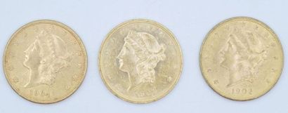 3 Liberty Gold $20 coins: 1901 S, 1902 S...