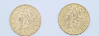 2 x $20 Liberty gold coins: 1893 S and 1894...