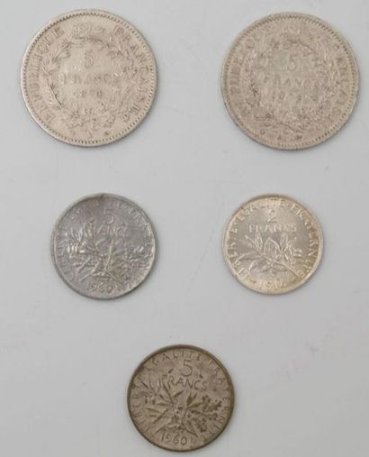 null 5 Monnaies France. Argent.
2-5 Francs Hercule, 1873 A (Paris) et 1874 K (Bordeaux)....