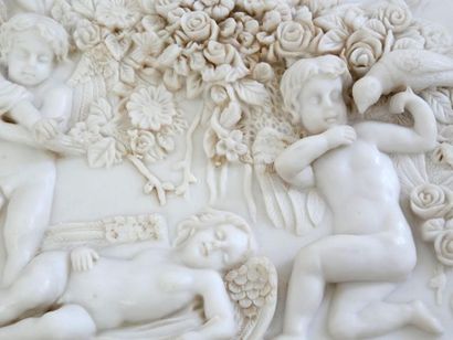 null Alabaster bas-relief representing four putti, one playing with a bird and another...