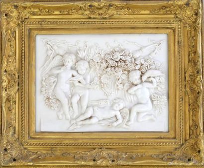 null Alabaster bas-relief representing four putti, one playing with a bird and another...