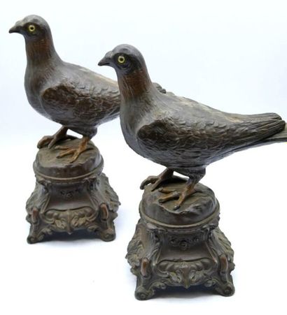 null Pair of pigeons with brown patina on rocaille-style pedestals 

H. : 30.5 cm...