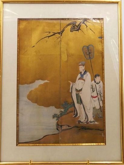 null CHINE - XIXème siècle : 
Ensemble de deux peintures, encre et couleurs sur papier,...