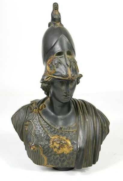 null Bronze bust of the goddess Athena with brown and golden patina, from ancient...