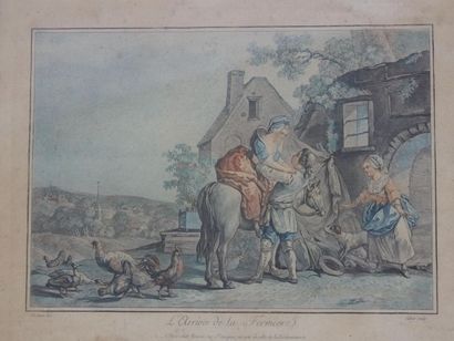  JUBIER after Jean-Baptiste HUET, 
Pair of engravings under glass 
Titled "The Arrival...