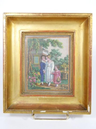 null Beaded embroidery representing three children gathered in a park.

Gilded stucco...