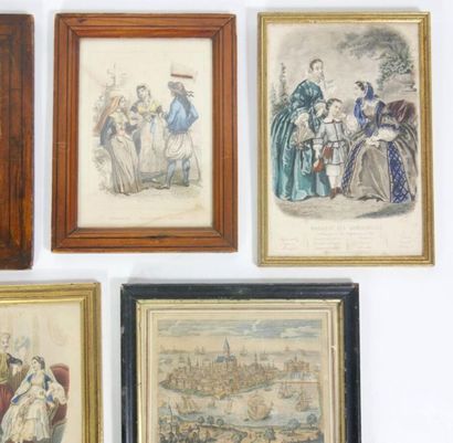 null Set of 6 engravings (3 under glass), some of which are enhanced with watercolours...