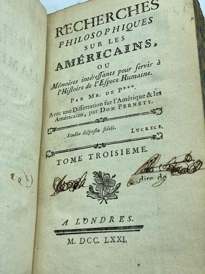 Cornelius de PAUW - RECHERCHES PHILOSOPHIQUES SUR LES AMERICAINS Monsieur de P......