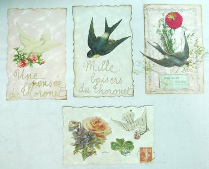 null 14 CARTES POSTALES FANTAISIES : Les Oiseaux. "1-Oiseau et fleurs tissu, 1-Oiseaux...