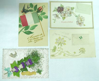 null 13 FANTAISED POST CARDS: Selection. "3-Book-style, with worked edges and flowers,...