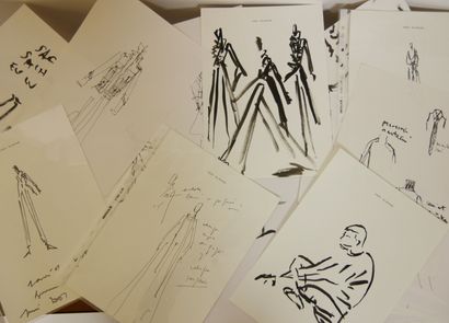 null 
Lot of 45 fashion sketches in black ink and felt pen on paper, sometimes on...