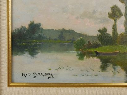  Jacques Hervé DELPY (1877-1957) 
Lavandière au bord d'un étang 
Huile sur panneau,...