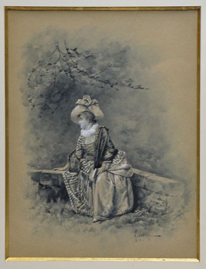  Eugène GRIVAZ (1852 ? - 1915) 
Elégante au livre 
Lavis sur papier signé en bas...